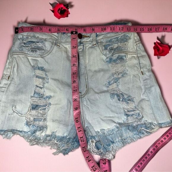 Fashion Nova Jean Shorts Blue Distressed Frayed Ripped Denim Size 11 Waist 30 - Picture 7 of 16